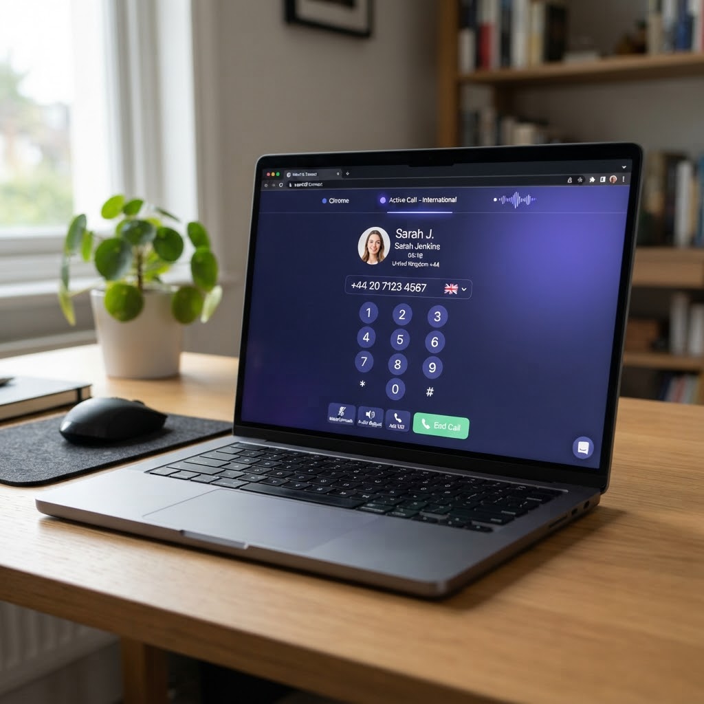 Browser-based landline calls — Dialable.world interface on laptop screen connecting international call
